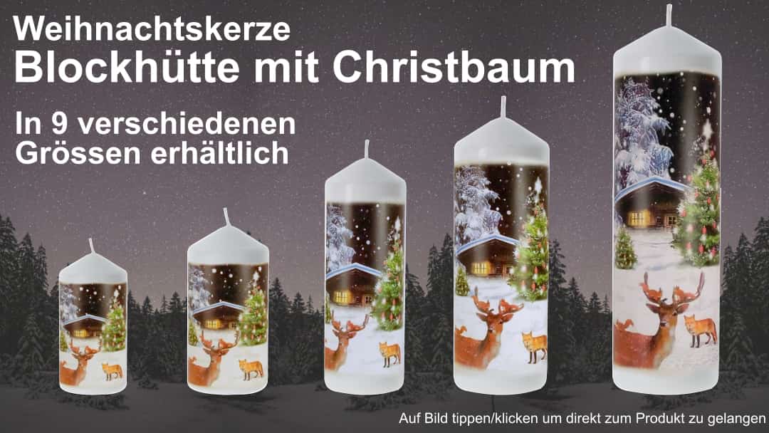infobild - weihnachtskerze blockhütte mit christbaum2 - isonatura shop - startseite