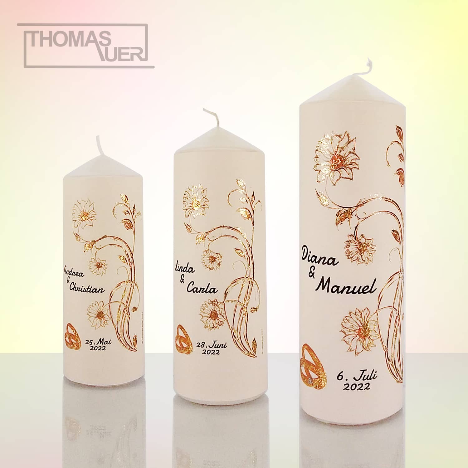 hochzeitskerze blumen gold - glittereffekt - varianten Produktbild