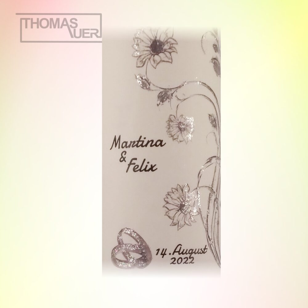 hochzeitskerze blumen silber - glittereffekt -detail produktbild