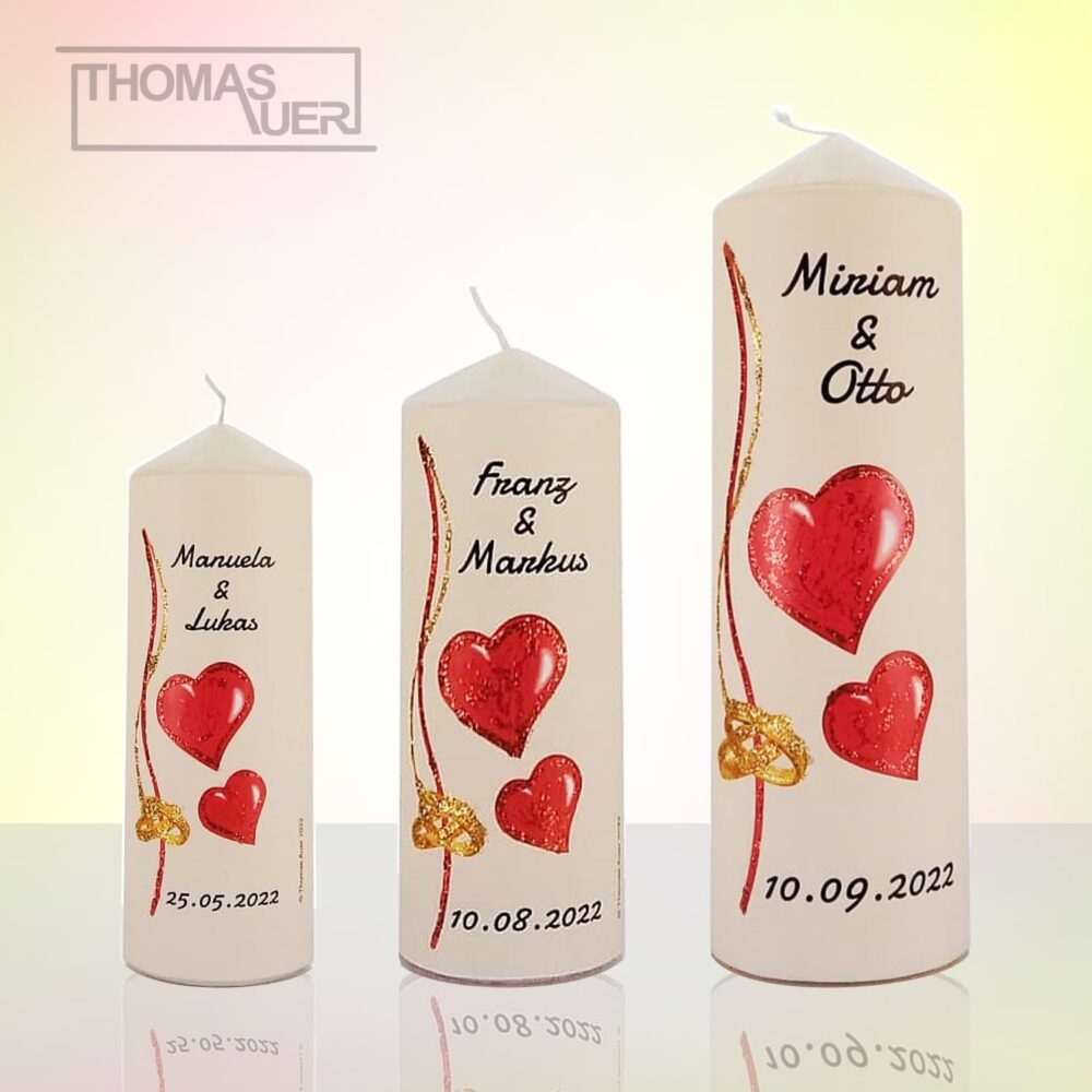 hochzeitskerze-herzen mit ringen - glittereffekt - varianten produktbild