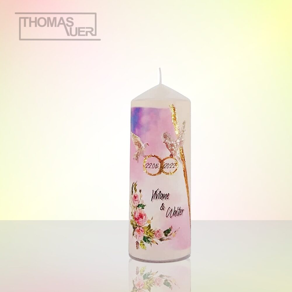 hochzeitskerze-tauben mit blumen - glanzeffekt - M produktbild