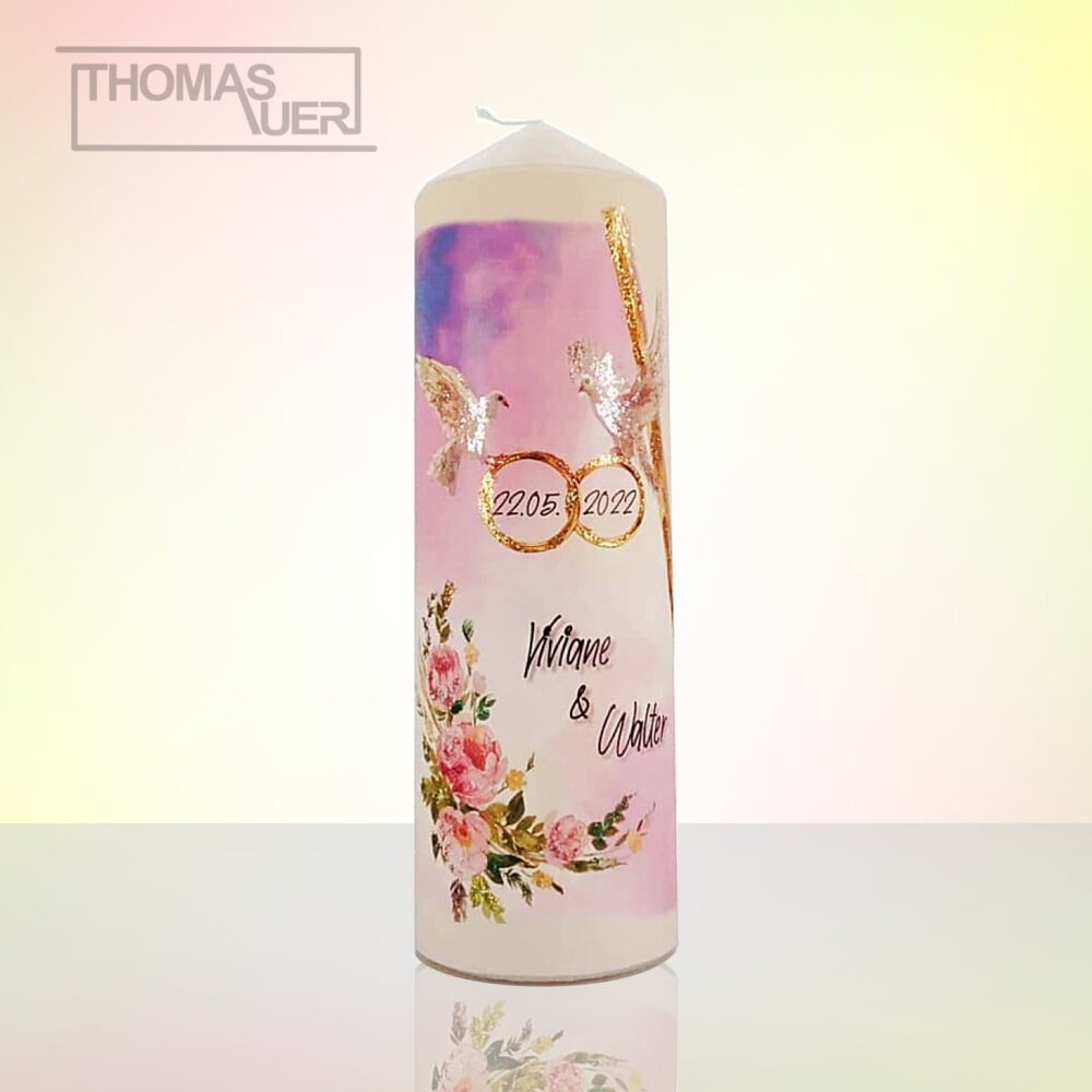 hochzeitskerze-tauben mit blumen - glanzeffekt - XL produktbild