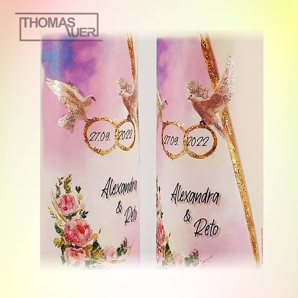 hochzeitskerze-tauben mit blumen - glanzeffekt - detailansicht