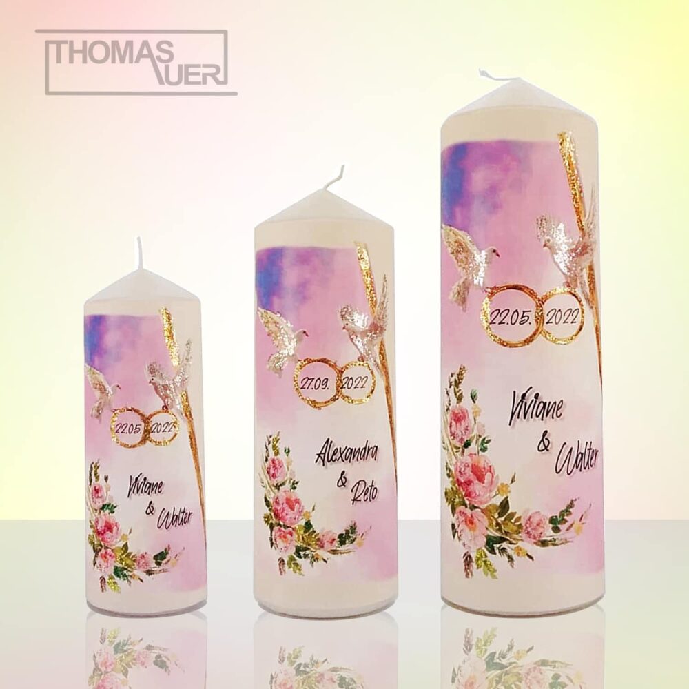 hochzeitskerze-tauben mit blumen - glanzeffekt - varianten produktbild