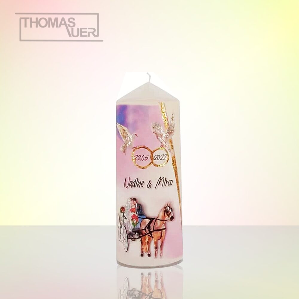 hochzeitskerze-tauben mit kutsche - glittereffekt - M produktbild