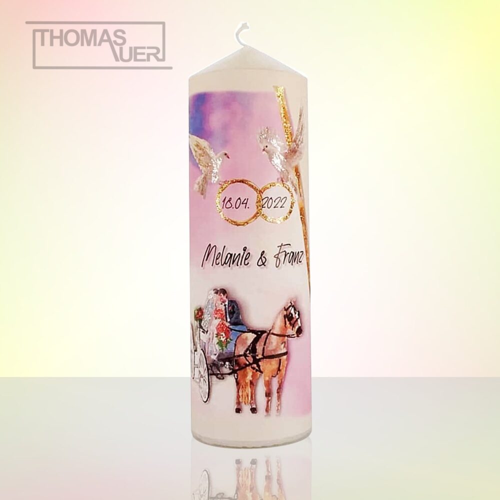 hochzeitskerze-tauben mit kutsche - glittereffekt - XL produktbild
