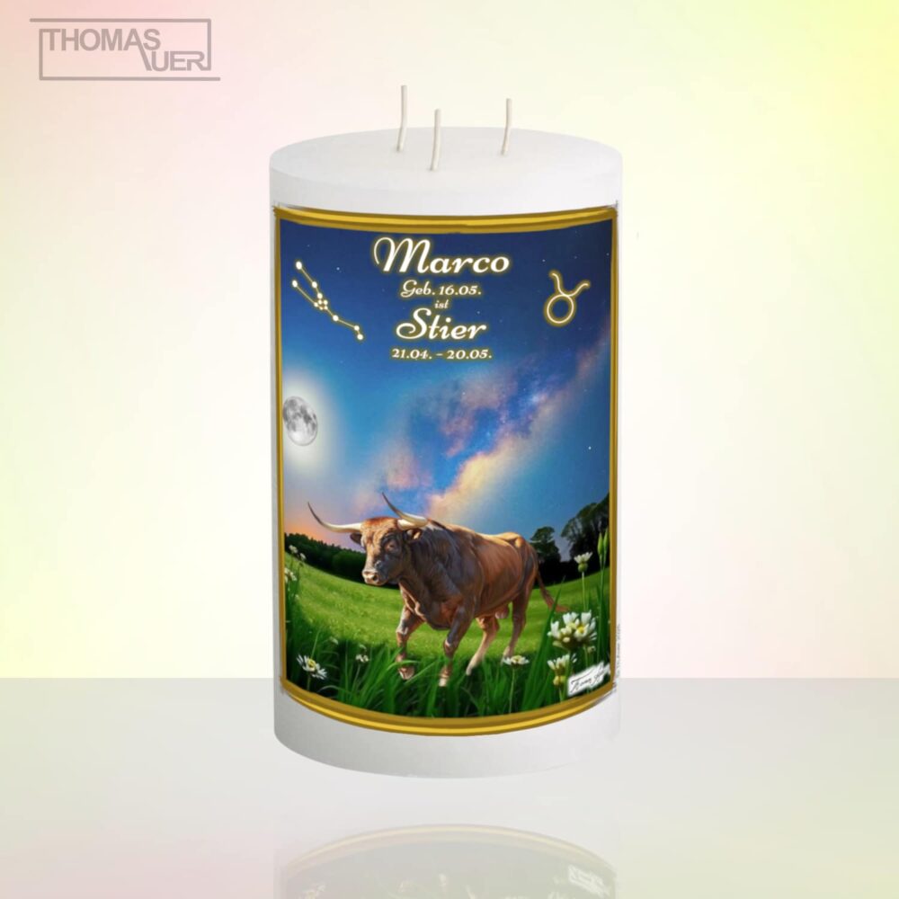 sternzeichenkerze-stier-3-D-L - mit Namen - Produktbild