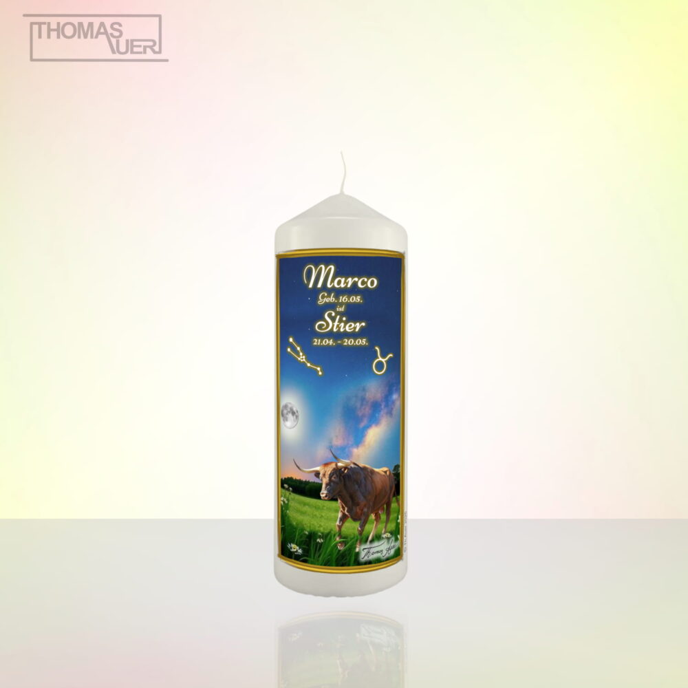 sternzeichenkerze-stier-L - mit Namen - Produktbild