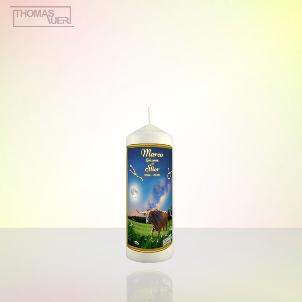 sternzeichenkerze-stier-M - mit Namen - Produktbild