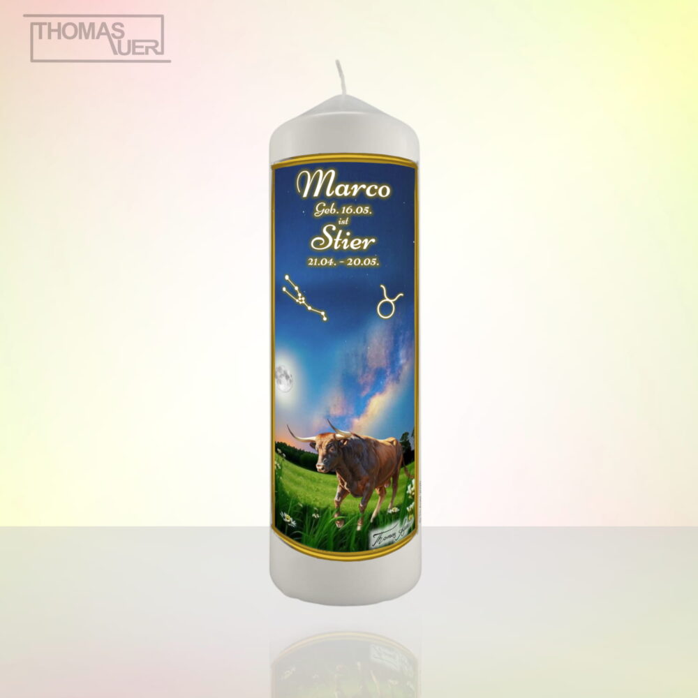 sternzeichenkerze-stier-XL - mit Namen - Produktbild